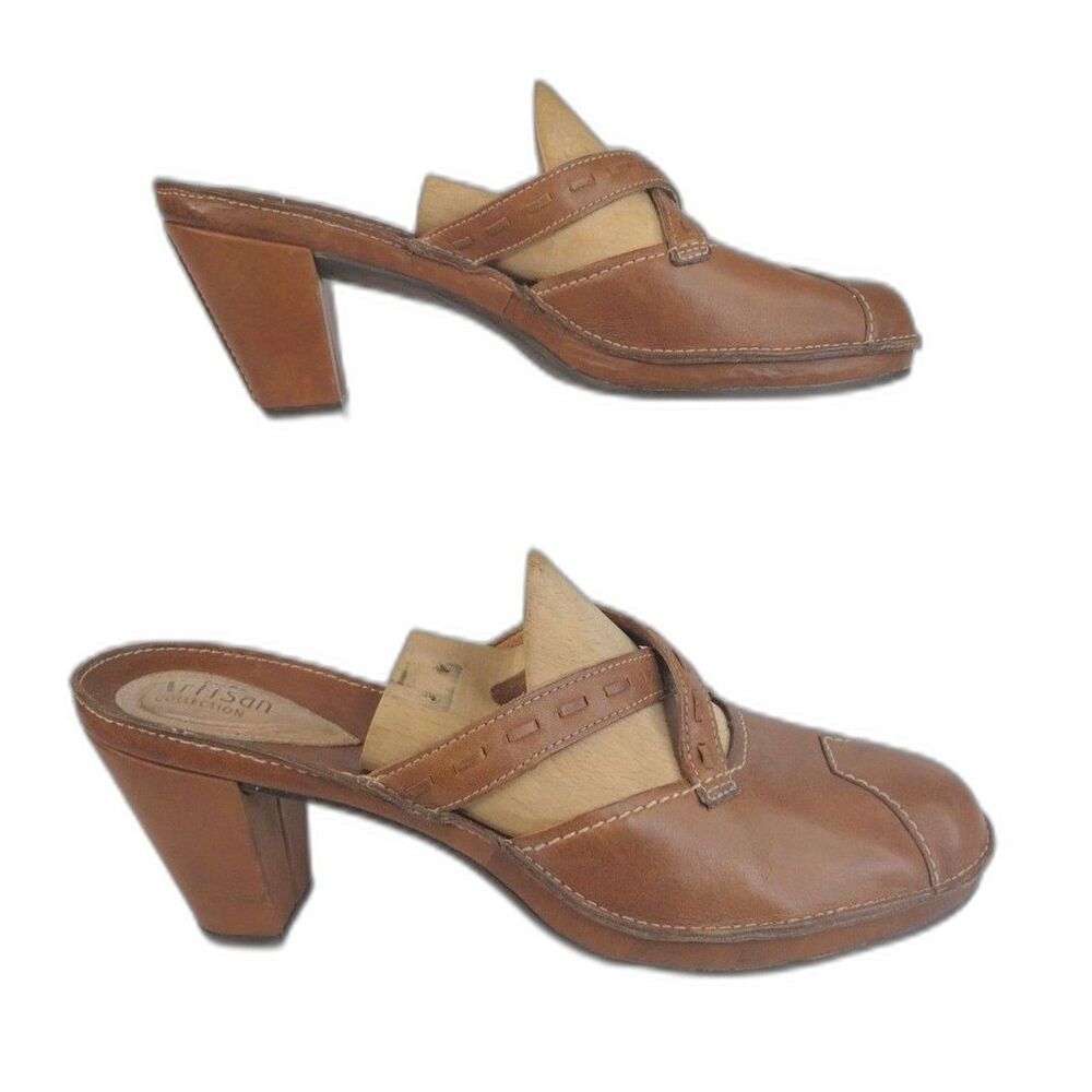 Clarks Artisan Saddle Brown Leather High Heel Mule Criss Cross Straps 9 M